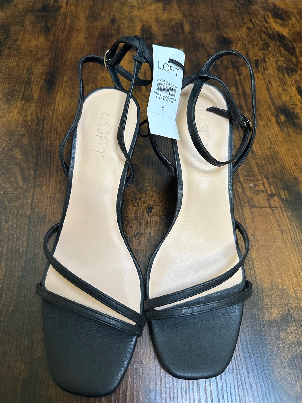 LOFT Black Strappy Square-Toe Wedge Sandals NWT Size 8